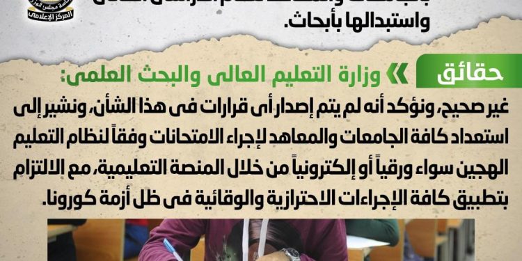 الحكومة توضح حقيقة إلغاء امتحانات الفصل الدراسي الأول بالجامعات واستبدالها بأبحاث
