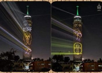 بالصور.. برج القاهرة يشارك في احتفالية موكب نقل المومياوات الملكية