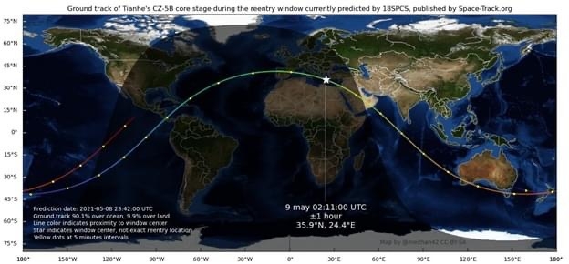 القومي للبحوث الفلكية يكشف خريطه المسار المتوقع سقوط الصاروخ فيه