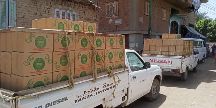 جامعة طنطا توزع 300 كرتونة مواد غذائية بزفتي بـ«حياة كريمة»