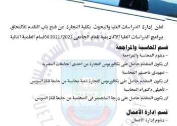 فتح باب التقدم للالتحاق ببرامج الدراسات العليا بتجارةً القناة