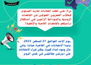  27 أغسطس موعد عقد امتحانات تحديد المستوى للطلاب المصريين المحولين من الجامعات الروسية والسودانية