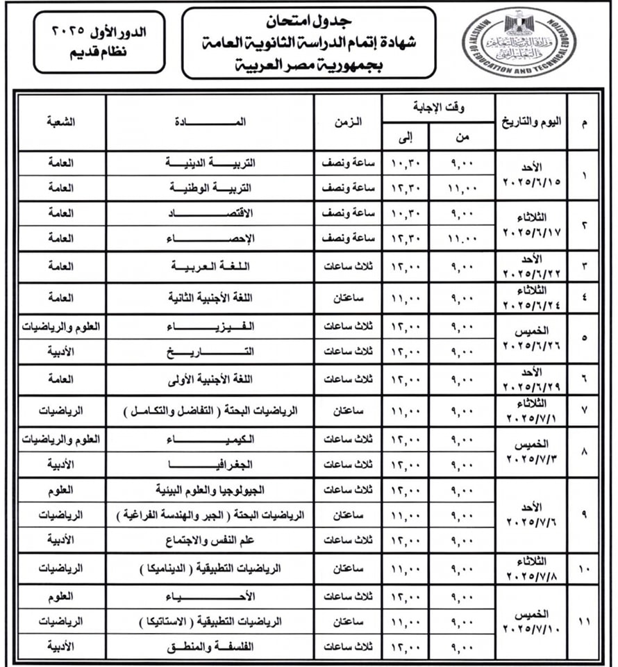 جدول امتحانات الثانوية العامة 2025 على النظام القديم علمي وأدبي