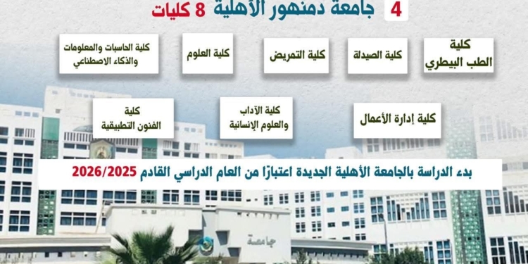 جامعة دمنهور الأهلية تنطلق العام الدراسي القادم ب 8 كليات