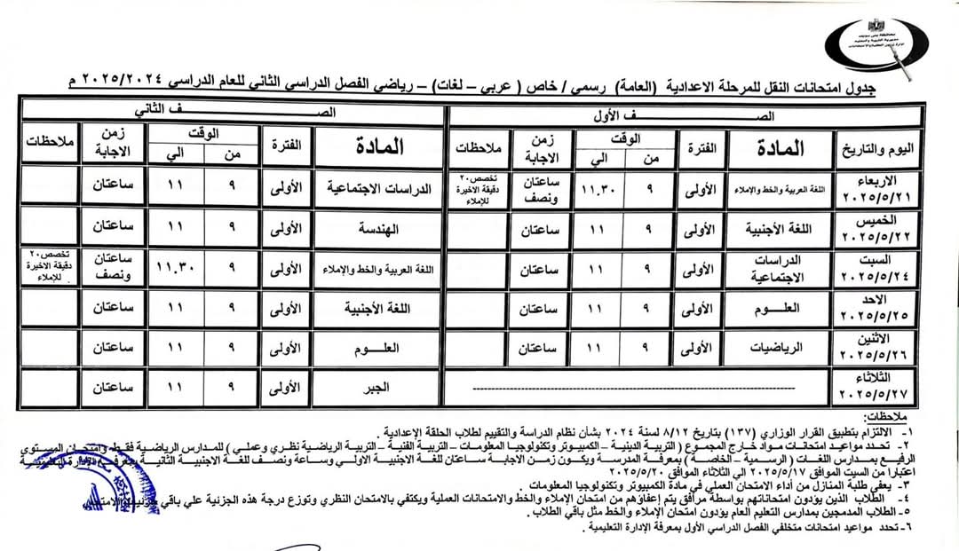 محافظ بني سويف يعتمد جداول امتحانات صفوف النقل والإعدادية الترم الثاني 2025