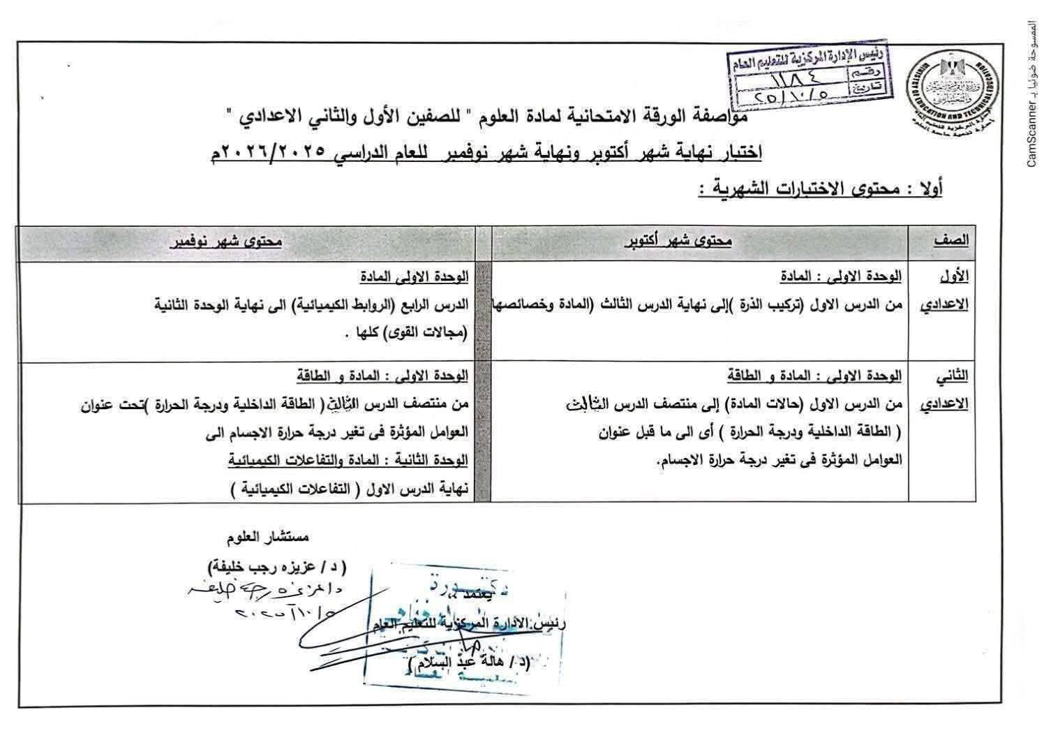 مواصفات ومقرر امتحانات شهر أكتوبر لـ الأول والثاني الإعدادي بمادة العلوم