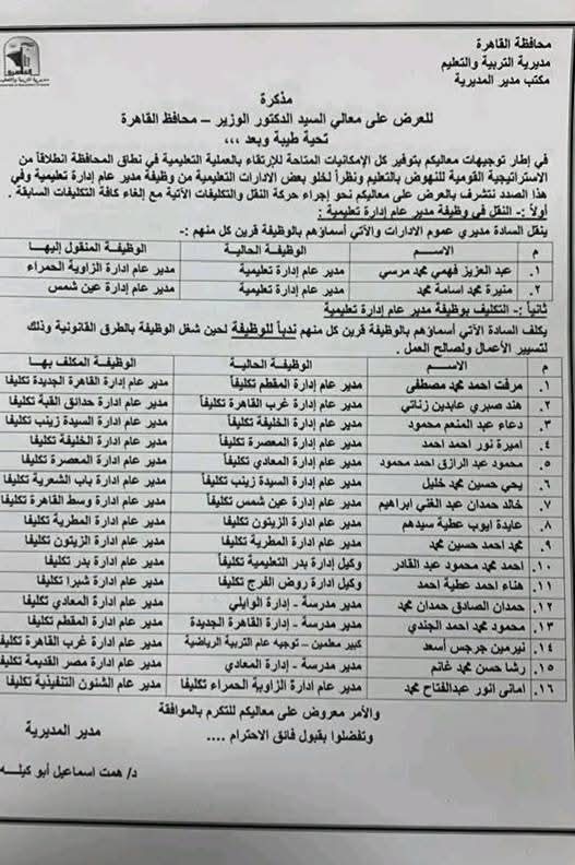 ننشر تفاصيل حركة تغييرات مديري ووكلاء الإدارات التعليمية بالقاهرة