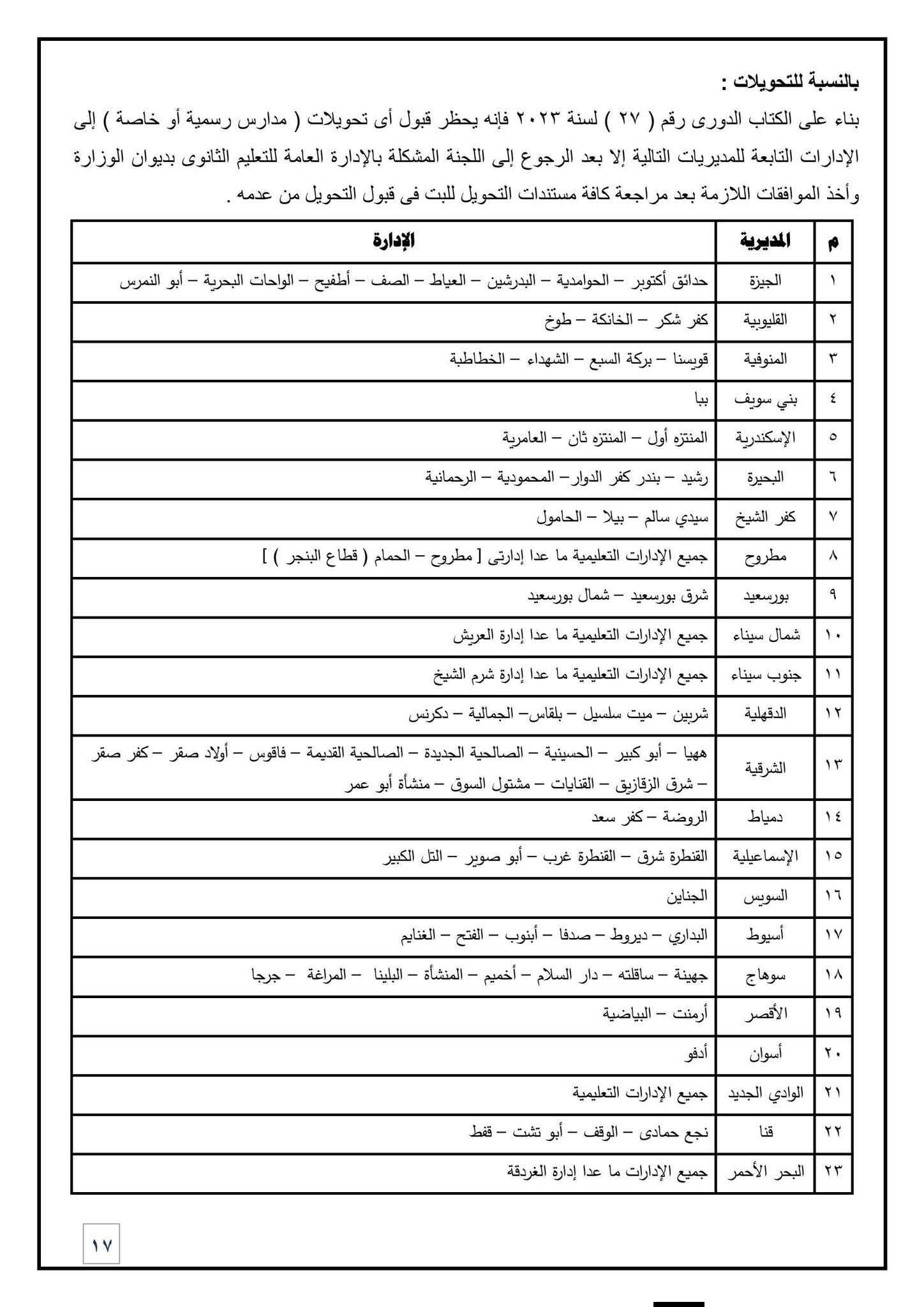 «التعليم» تحظر التحويل للجان أولاد الأكابر بالثانوية العامة 2026