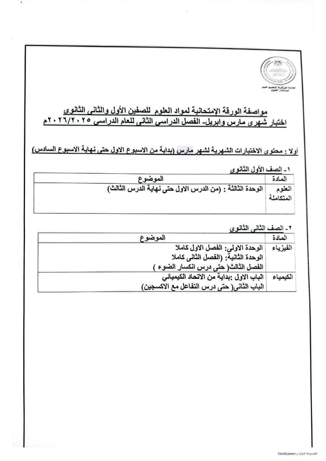 محتوى امتحان شهر إبريل 2026 لأولى وتانيه ثانوي بمواد العلوم
