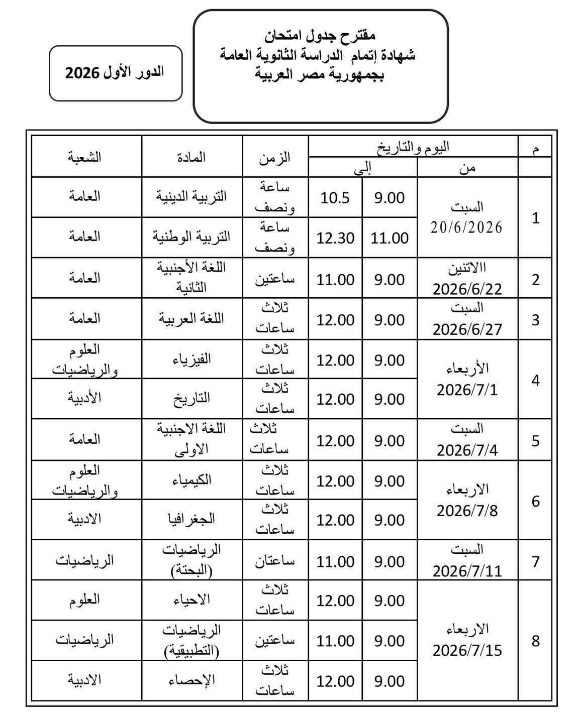 التعليم: جدول امتحانات الثانوية العامة 2026 المتداول «مزيف»