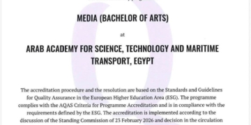 الأكاديمية العربية للنقل البحري تحصل على الاعتماد الدولي “AQAS” لبرامج الإعلام حتى 2032